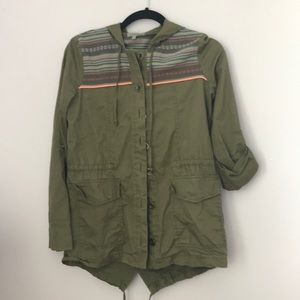 Light weight army green utility jacket with hood